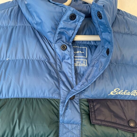 Eddie Bauer Mens Stratuslite Down Snap Mock Neck Coat Jacket Size L EB650 Blue - Picture 4 of 11